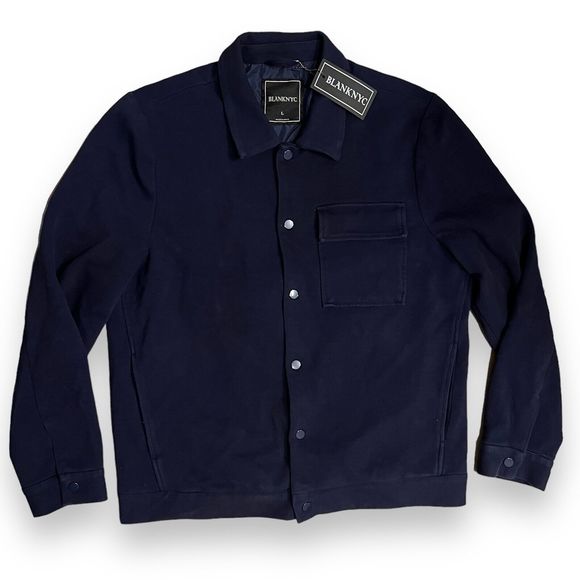 Blank NYC Jacket Men’s L Navy Blue Twill Shacket Snap Button Chest Pocket - Picture 2 of 16